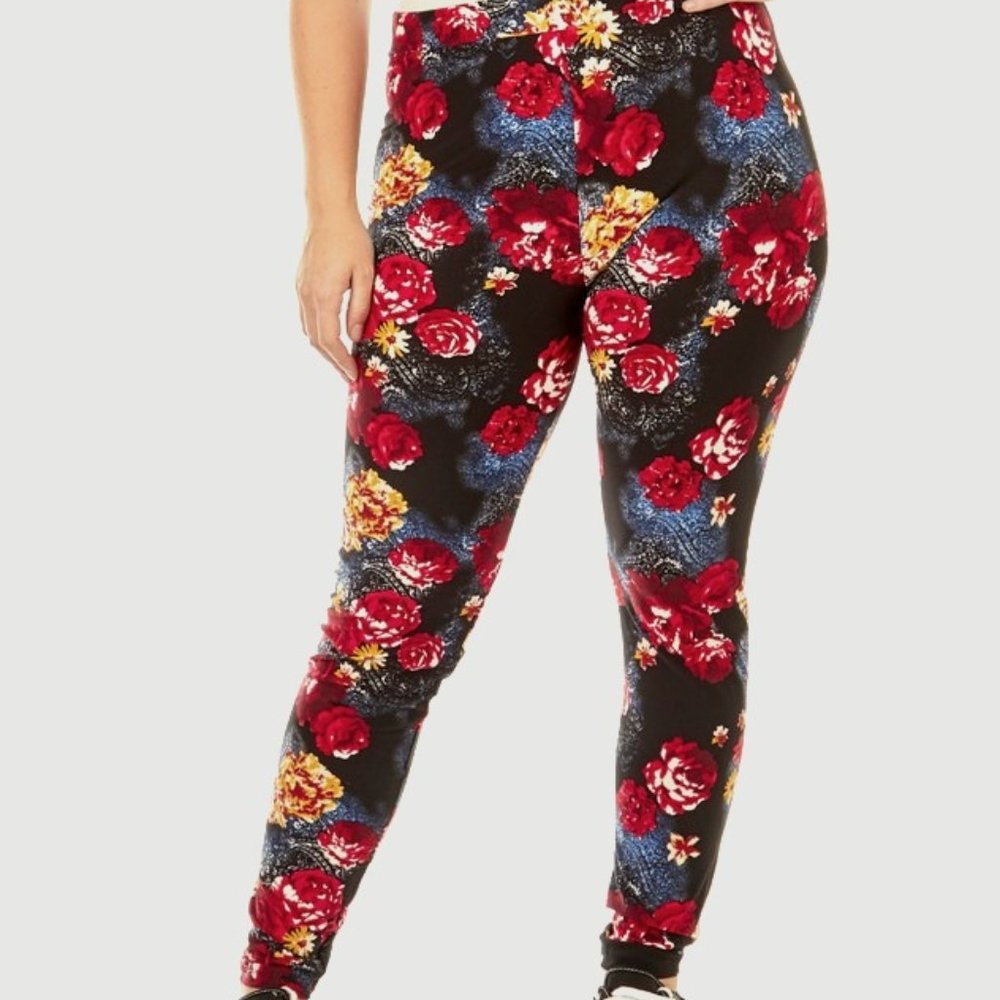 CHANCES R Leggings - 3X - Denim & Rose Print - Sof